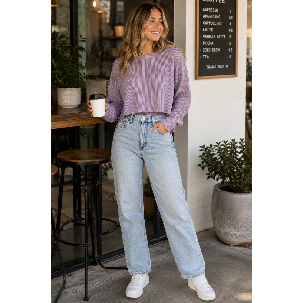 Habit Lavender Ribbed Knit Cropped Long Sleeve Sweater Top Purple Womens Medium